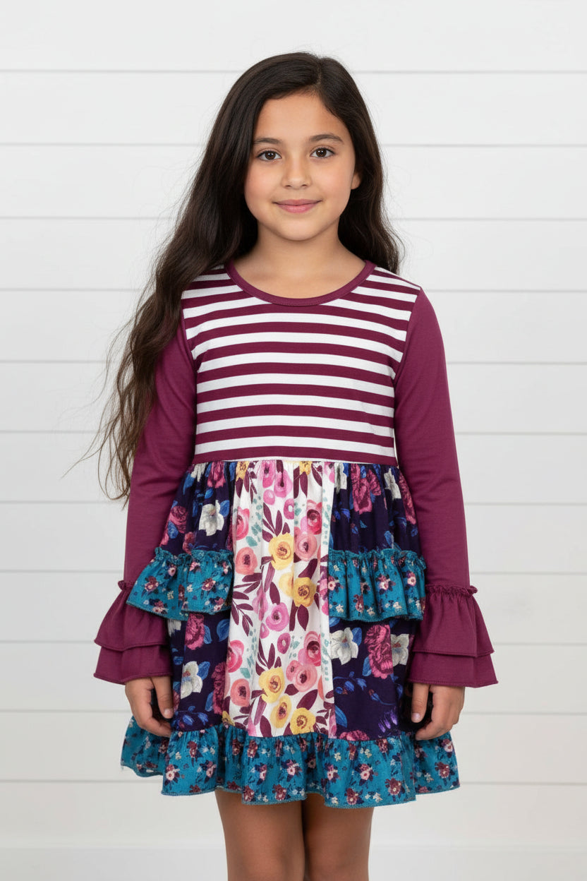 Purple Boutique Flower Ruffle Dress, Milk Silk, girl, long sleeve, kids