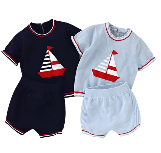 Navy Blue or Light Blue Knit Sailboat Outfit, Short Sleeve, baby