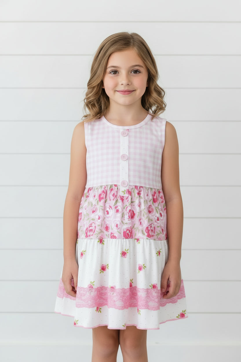 Pink Shabby Rose Girls Twirl Dress, Milk Silk