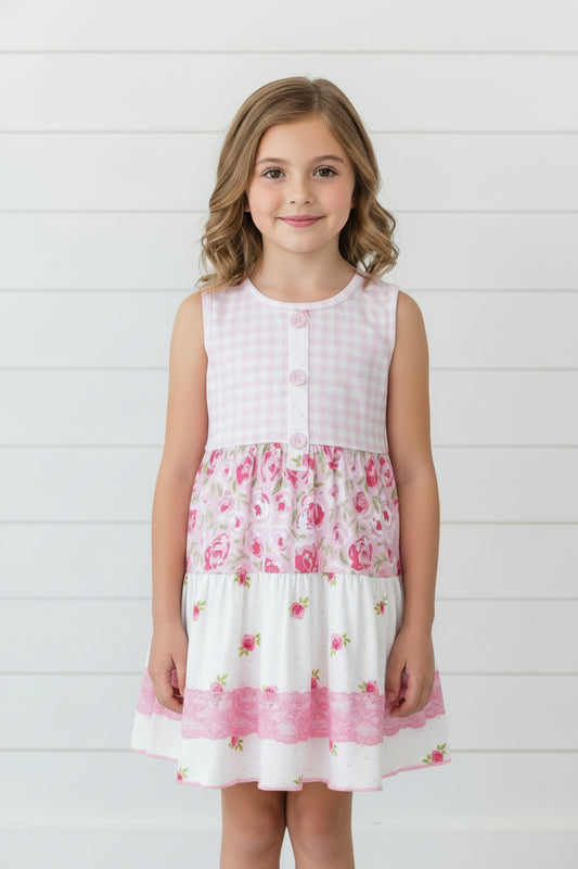 Pink Shabby Rose Girls Twirl Dress, Milk Silk