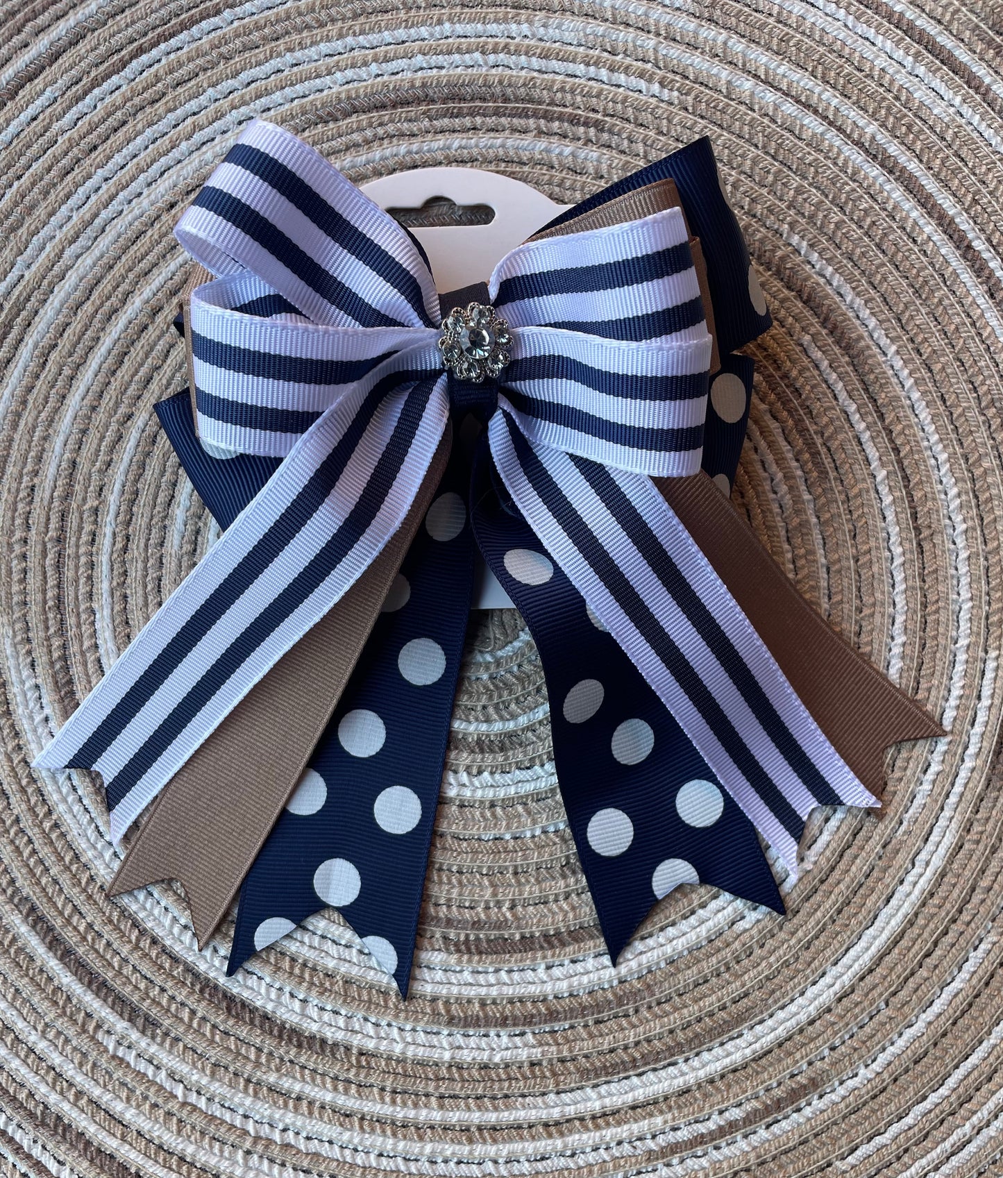 Equestrian Bow, Navy Blue, Khaki & White, Polka Dot, Stripes, Horse