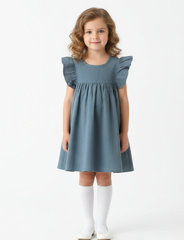 Teal Blue Cotton Flutter Sleeve Dress, girl, kids, Spring, party