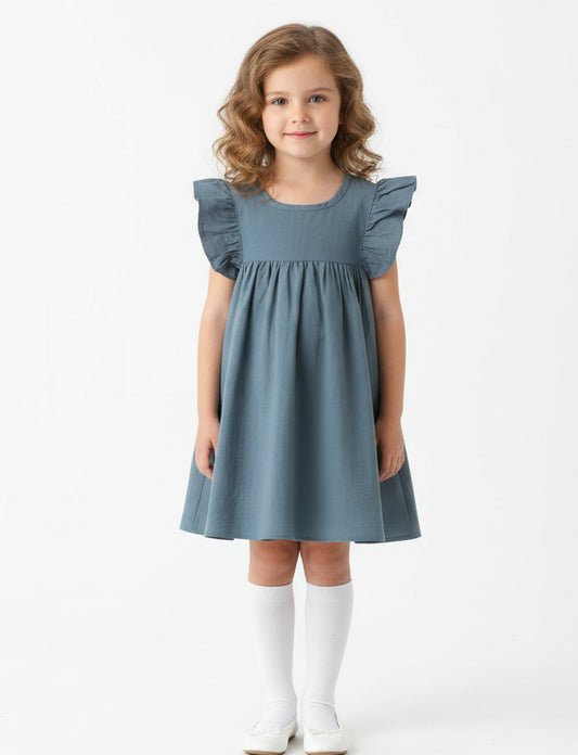 Teal Blue Cotton Flutter Sleeve Dress, girl, kids, Spring, party