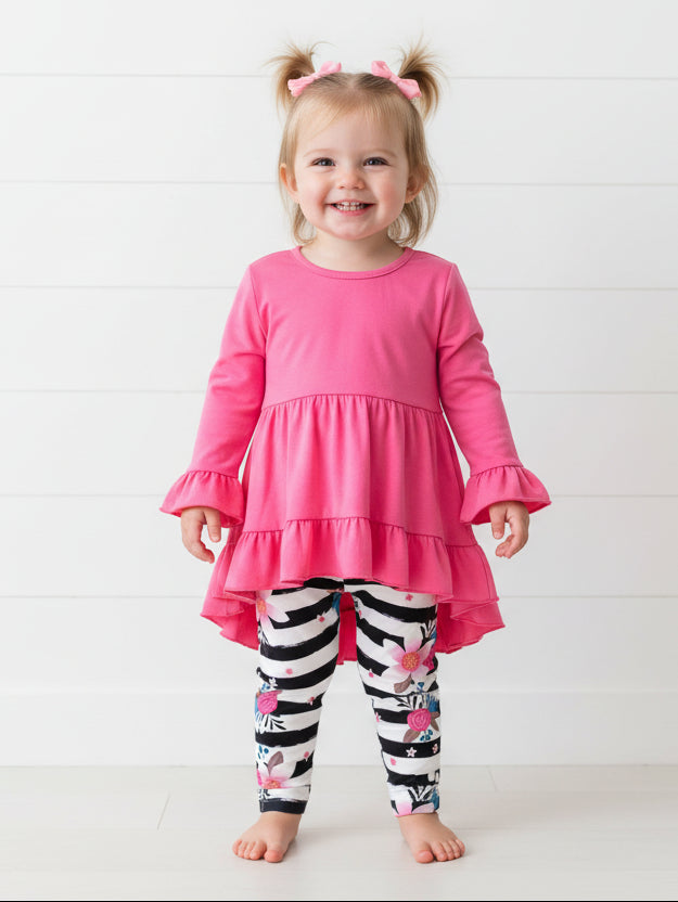 Pink Roses & Stripes Ruffle Outfit, girl, set, leggings, top, kids