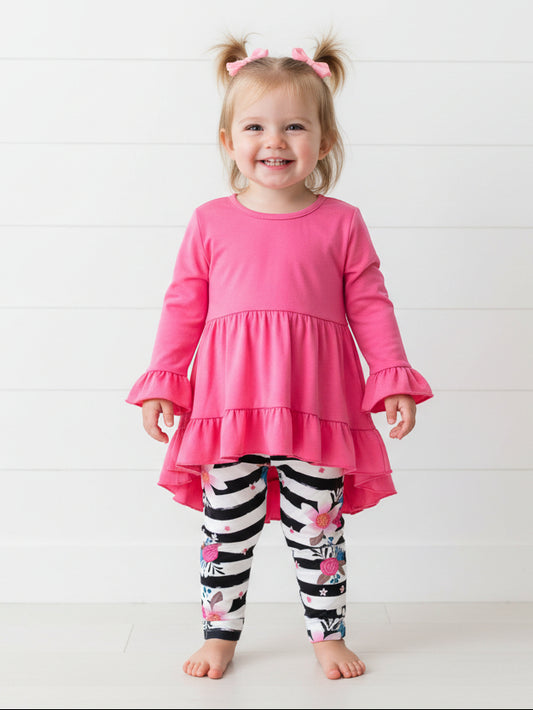 Pink Roses & Stripes Ruffle Outfit, girl, set, leggings, top, kids