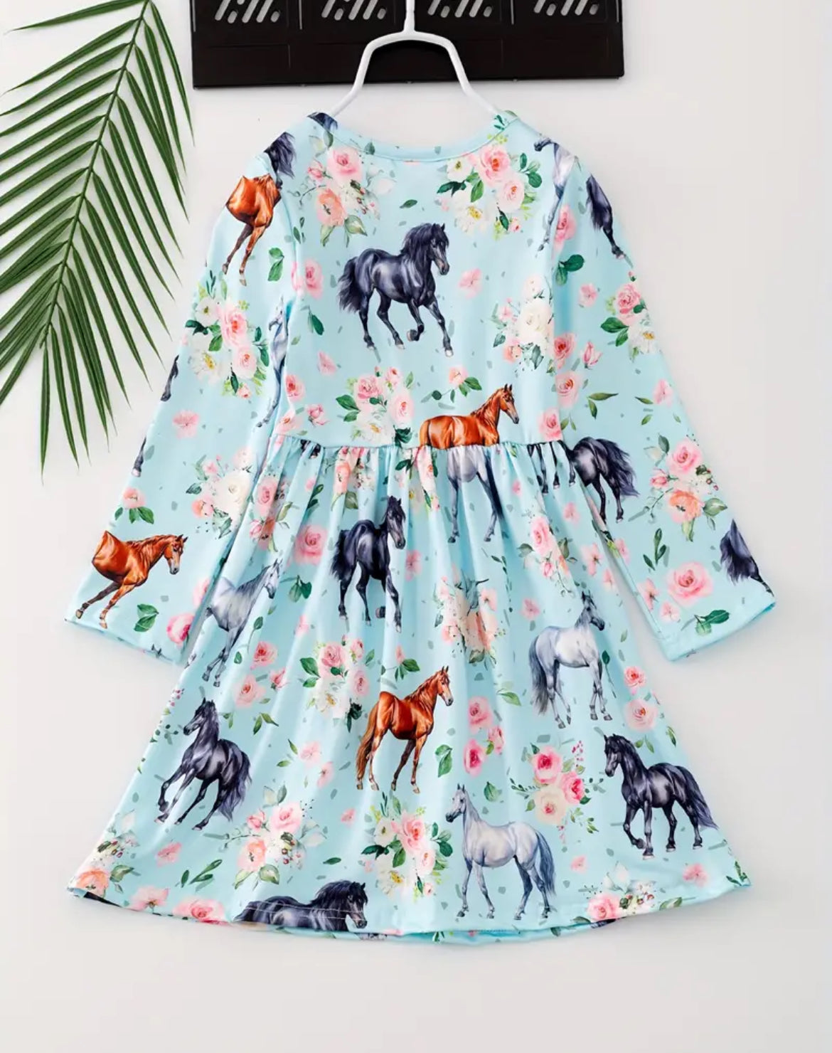 Equestrian Print Blue Long Sleeve Dress, girls, Horse,