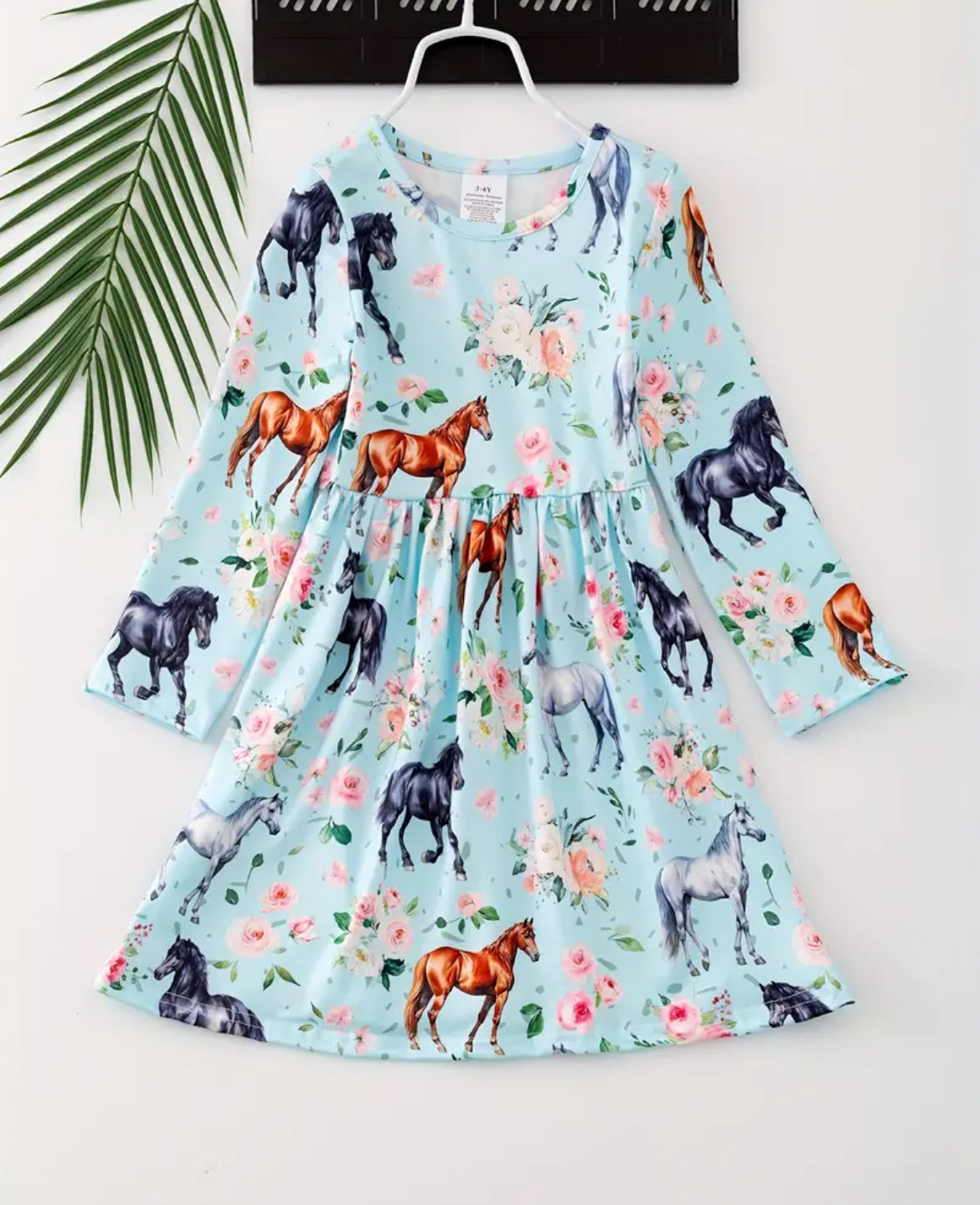 Equestrian Print Blue Long Sleeve Dress, girls, Horse,