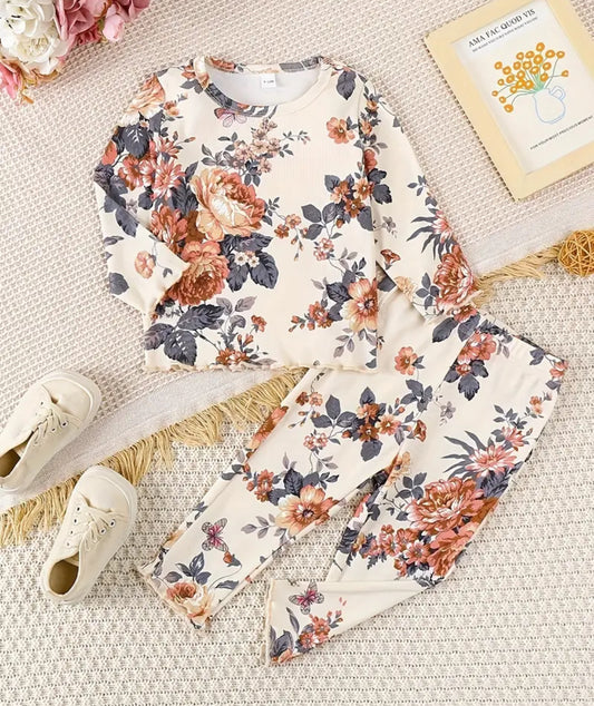 Flower Ribbed Outfit, set, girl's, Fall