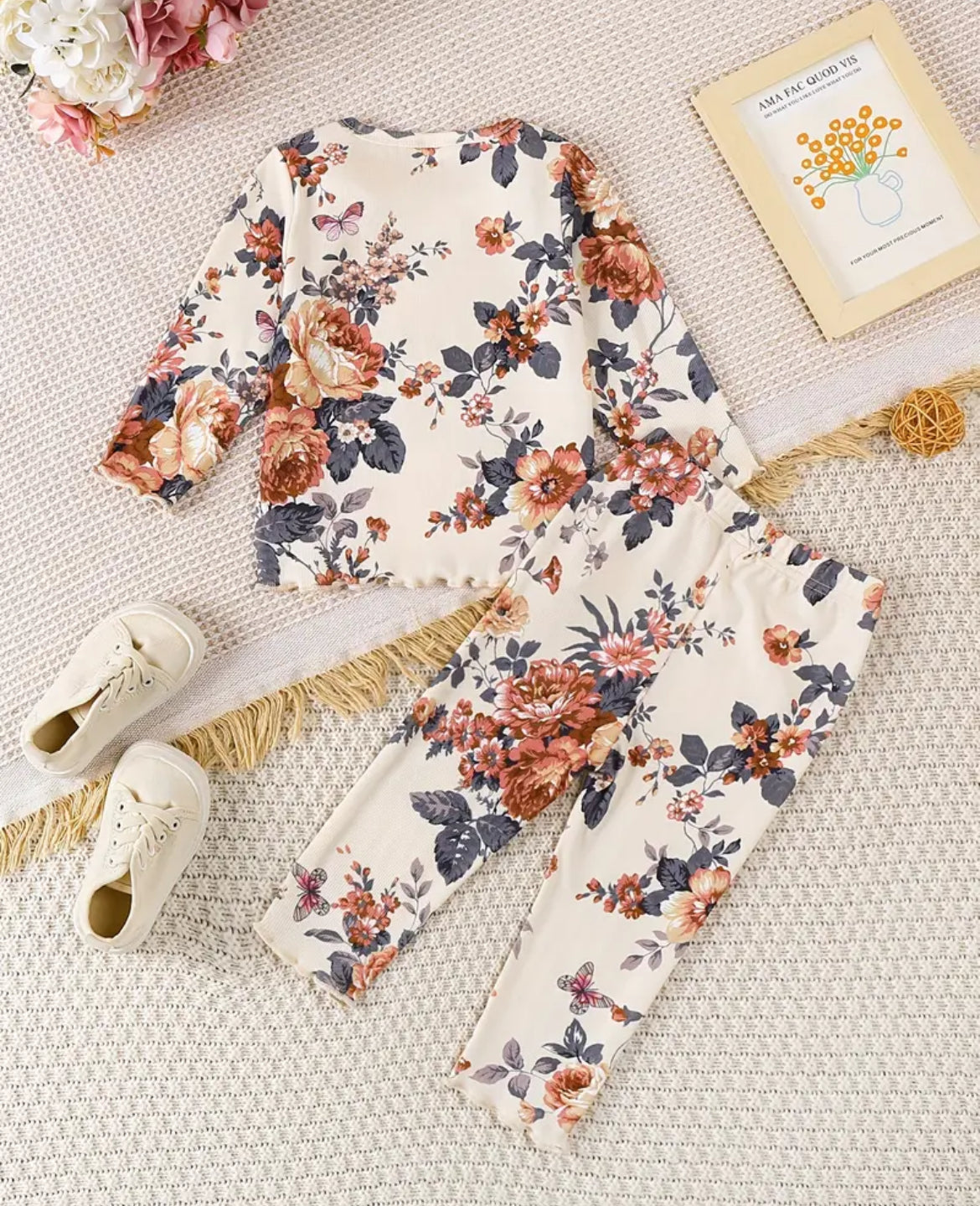 Flower Ribbed Outfit, set, girl's, Fall