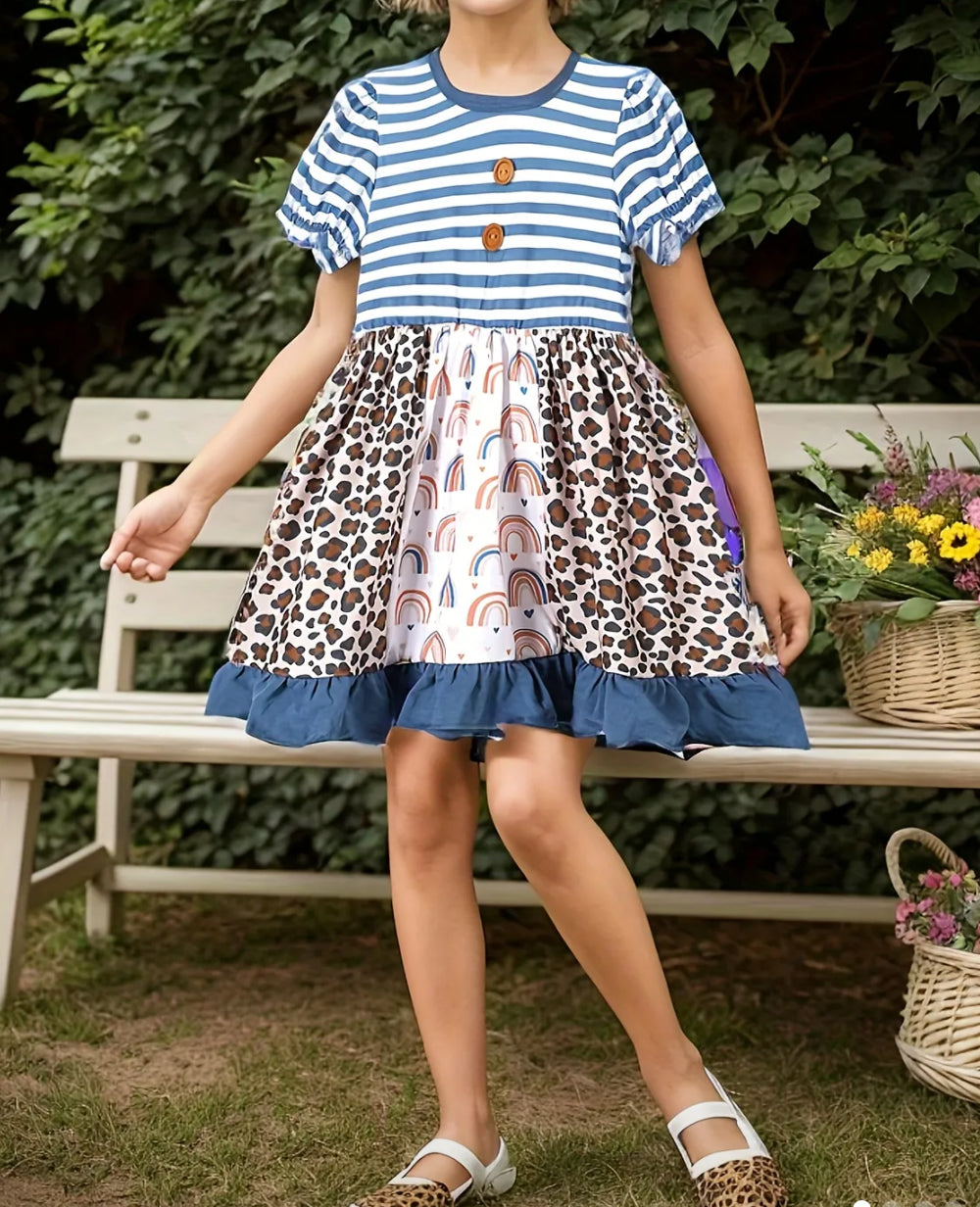 Blue Striped Rainbows and Leopard Ruffle Print Dress, twirl, girl