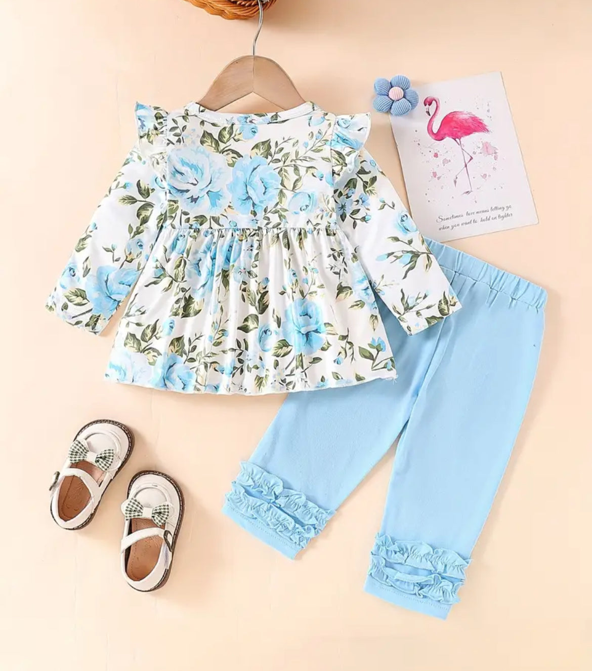 Blue Floral Ruffle Outfit, girl, set, leggings, top, kids