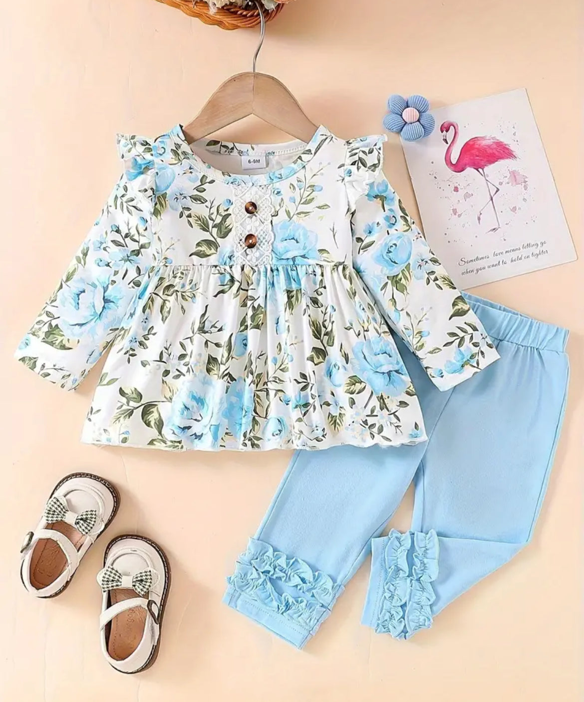 Blue Floral Ruffle Outfit, girl, set, leggings, top, kids