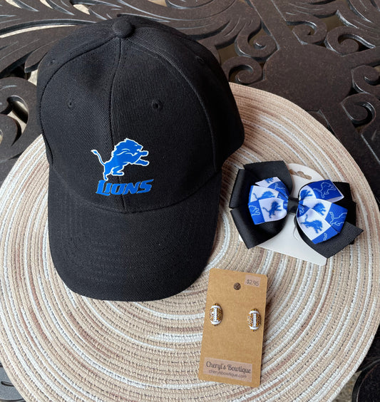 Detroit Lion's Gift Set, earrings, bow, hat, football