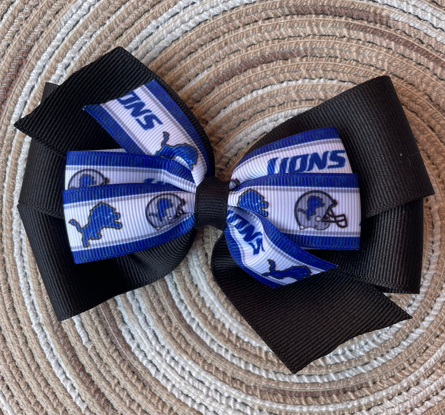 Lion's Double Hair Bow/Black, Detroit, football, kids, teen, adult, sports