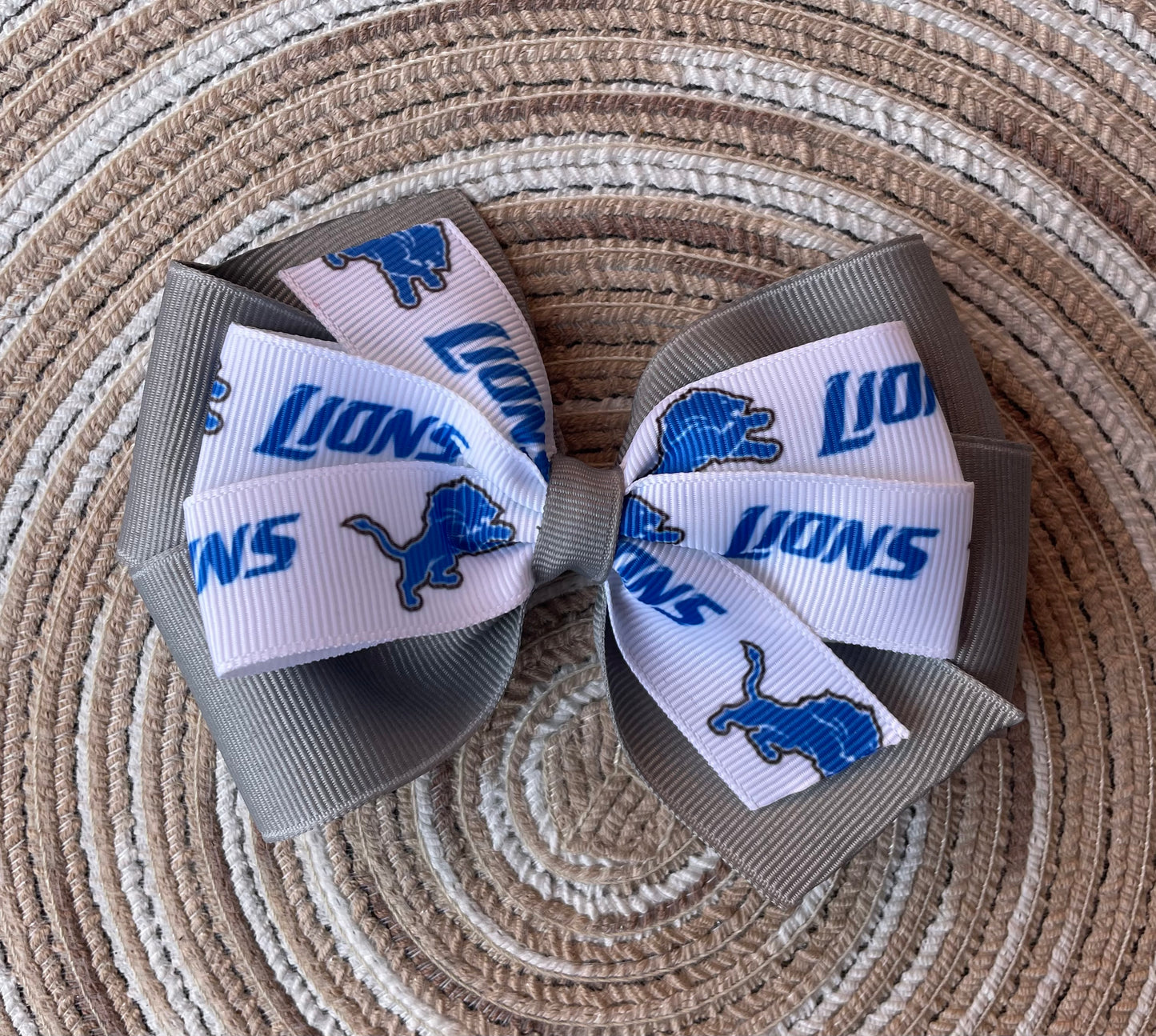 Lion's Double Hair Bow/Silver Gray, Detroit, football, kids, teen, adult, sports