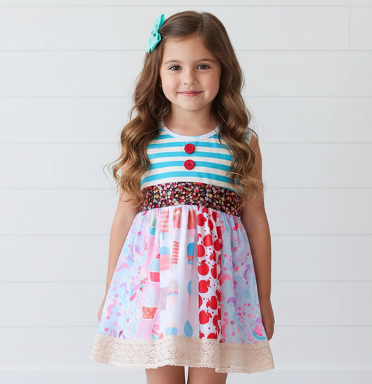 Striped Blue Patchwork Dress, Girl's, kids, apparel