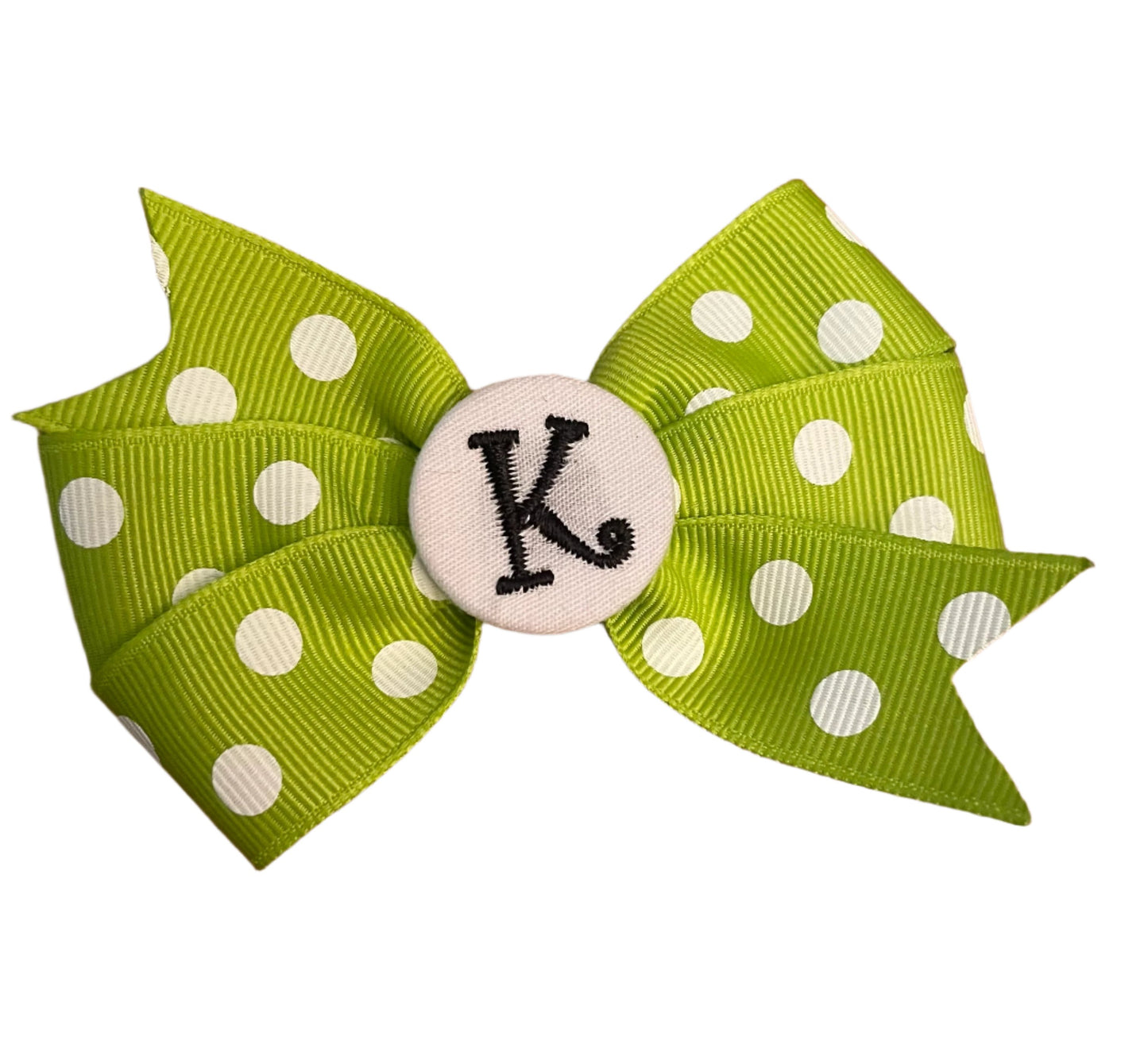 Lime Green/White Small Polka Dot Initial Hair Bows, Clip, Personalized, pinwheel