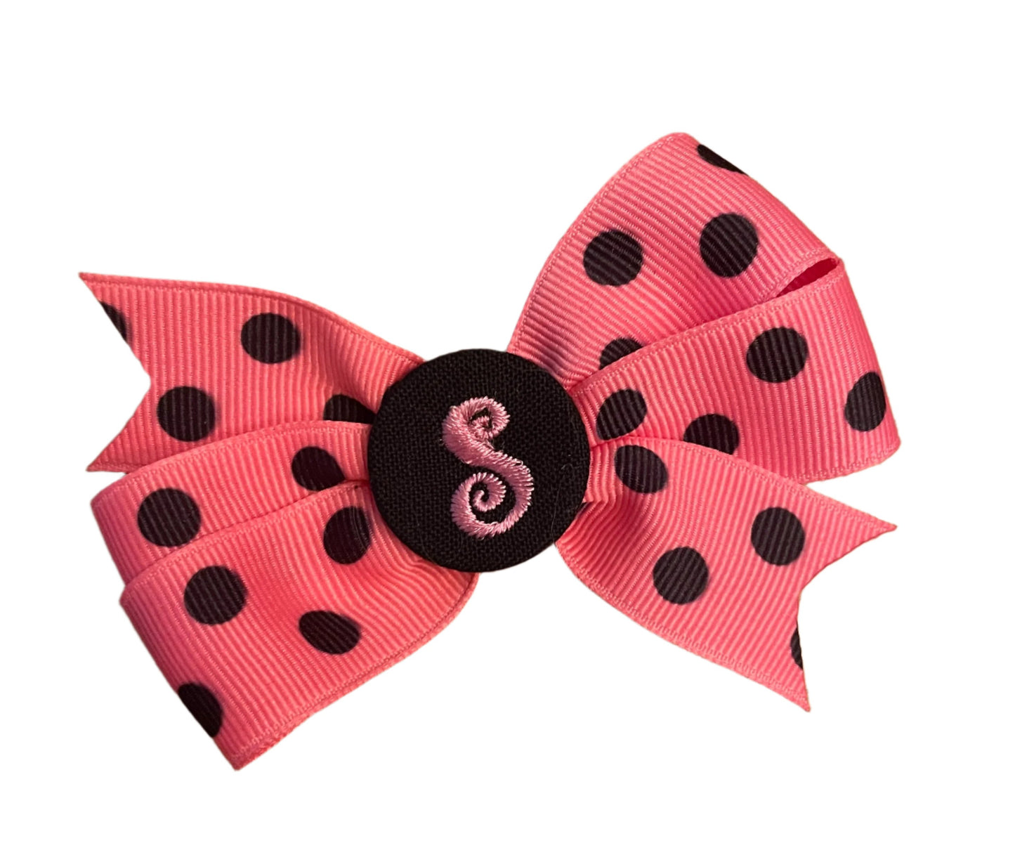 Bubble Gum Pink/Black Small Polka Dot Initial Hair Bows, Clip, Personalized, pinwheel