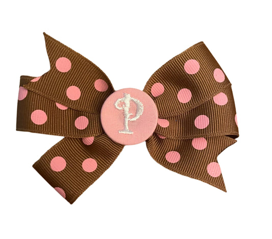 Brown/Pink Small Polka Dot Initial Hair Bows, Clip, Personalized, pinwheel