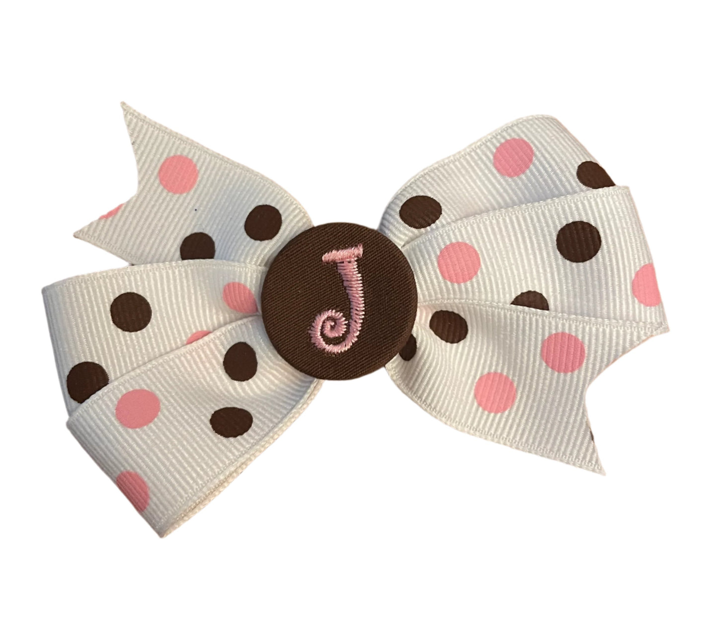 Pink/Brown/White Small Polka Dot Initial Hair Bows, Clip, Personalized, pinwheel