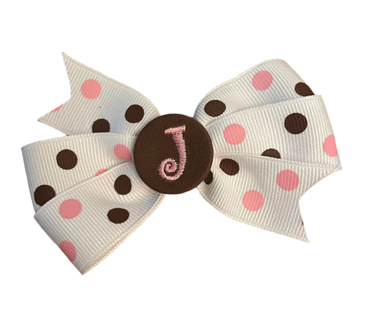 Pink/Brown/White Small Polka Dot Initial Hair Bows, Clip, Personalized, pinwheel