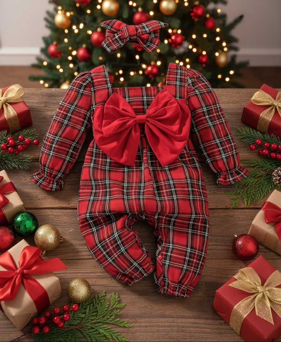 Red Tartan Plaid Holiday Romper w/Headband, Baby, Infant, Winter, Christmas