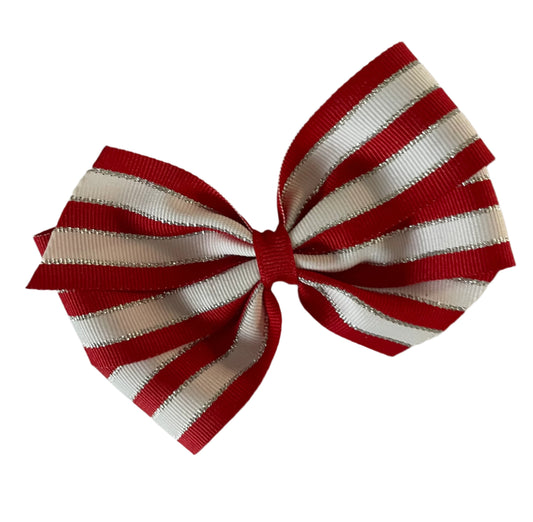 Red, White & Silver Striped Hair Bow, girl, holiday, Christmas, candy cane / DAY 12