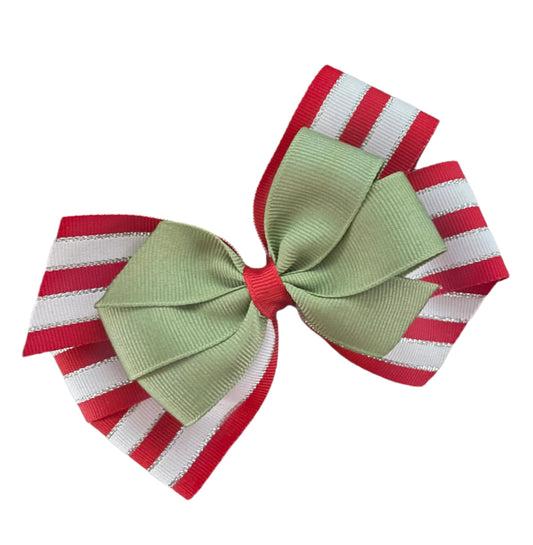 Red, White & Green Striped Hair Bow, girl, holiday, Christmas / DAY 12 of 12 Days of Deals