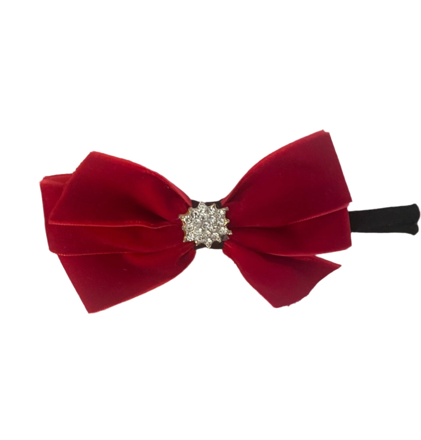 Dark Red Velvet Hair Bow on Headband, girl, holiday, Christmas, stretch, rhinestone