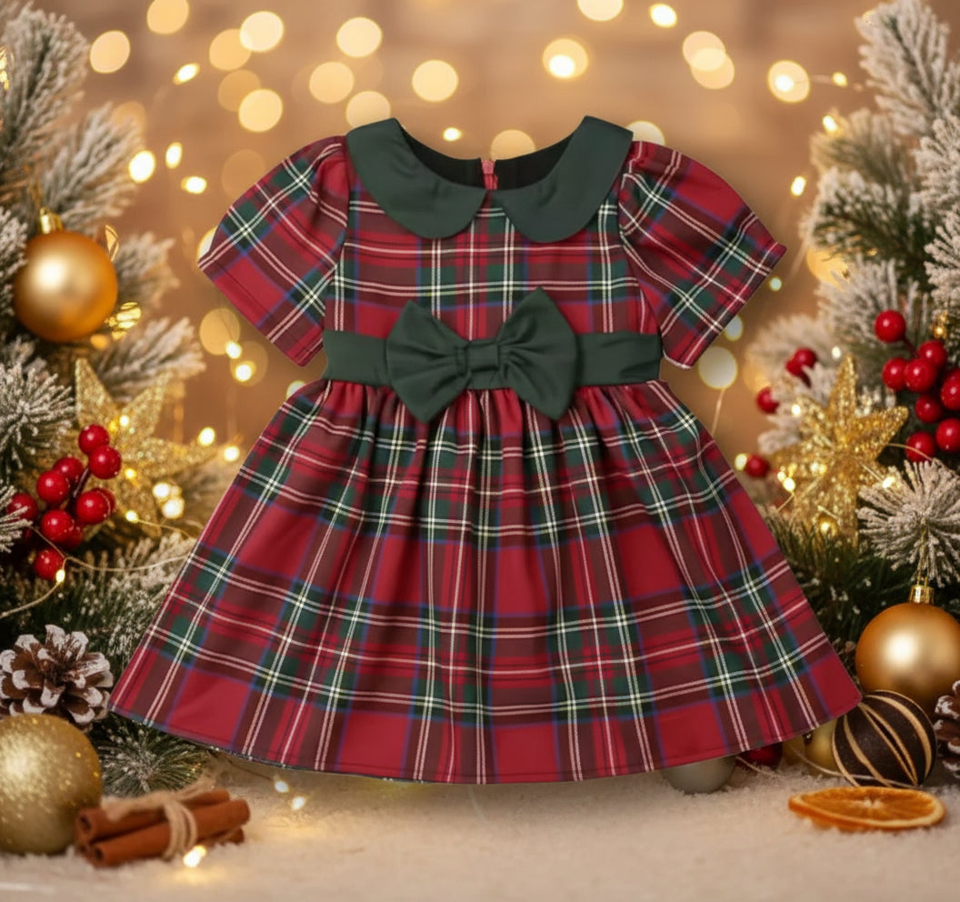 Red Tartan Plaid Collar Dress w/Green Trim, Girl's, Toddler, kids, holiday