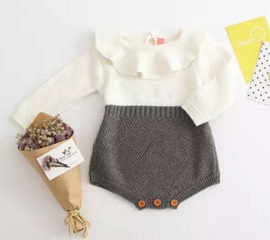 Gray & Cream Knit Collared Romper, girl, baby, holiday, gift, onesie