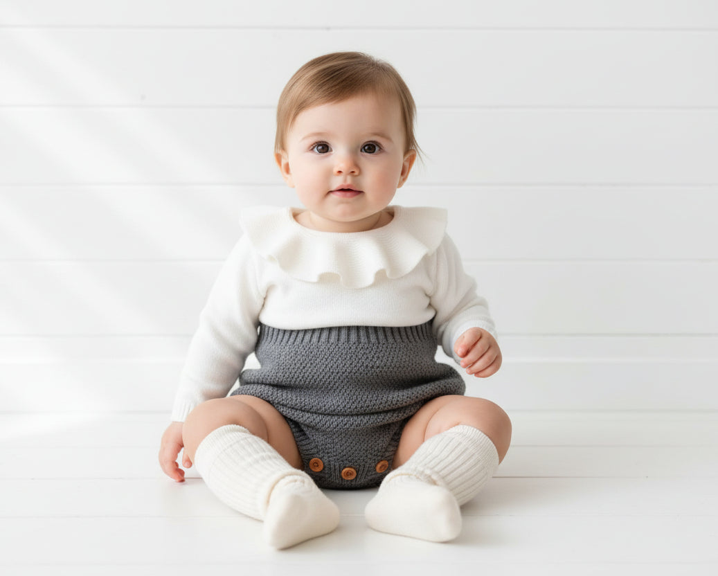 Gray & Cream Ruffle Knit Collared Romper, girl, baby, holiday, gift, onesie