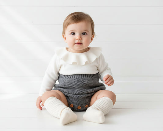 Gray & Cream Ruffle Knit Collared Romper, girl, baby, holiday, gift, onesie