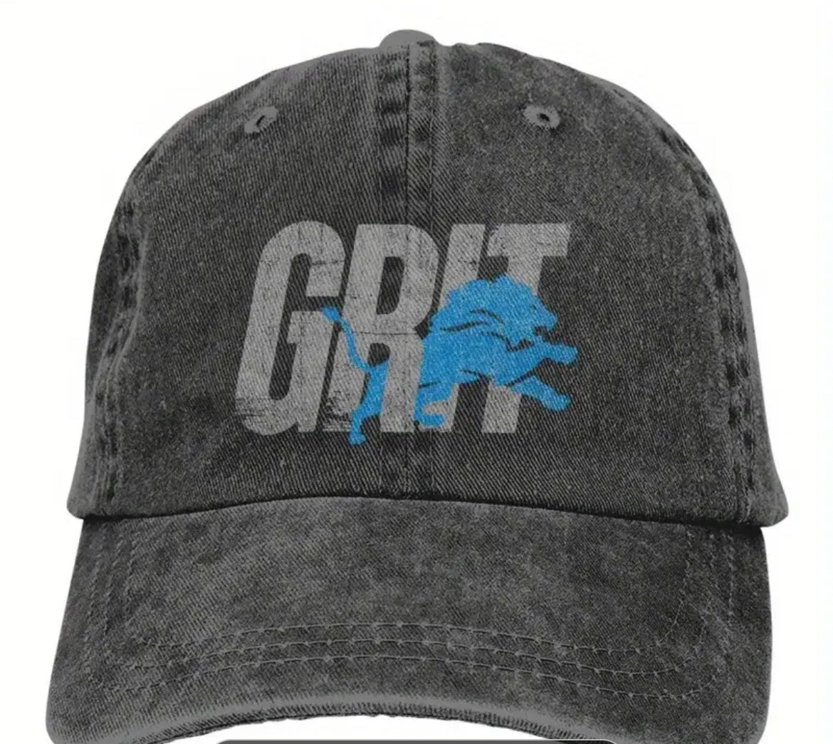 Detroit Lion's GRIT Washed Black Baseball Cap, hat, football