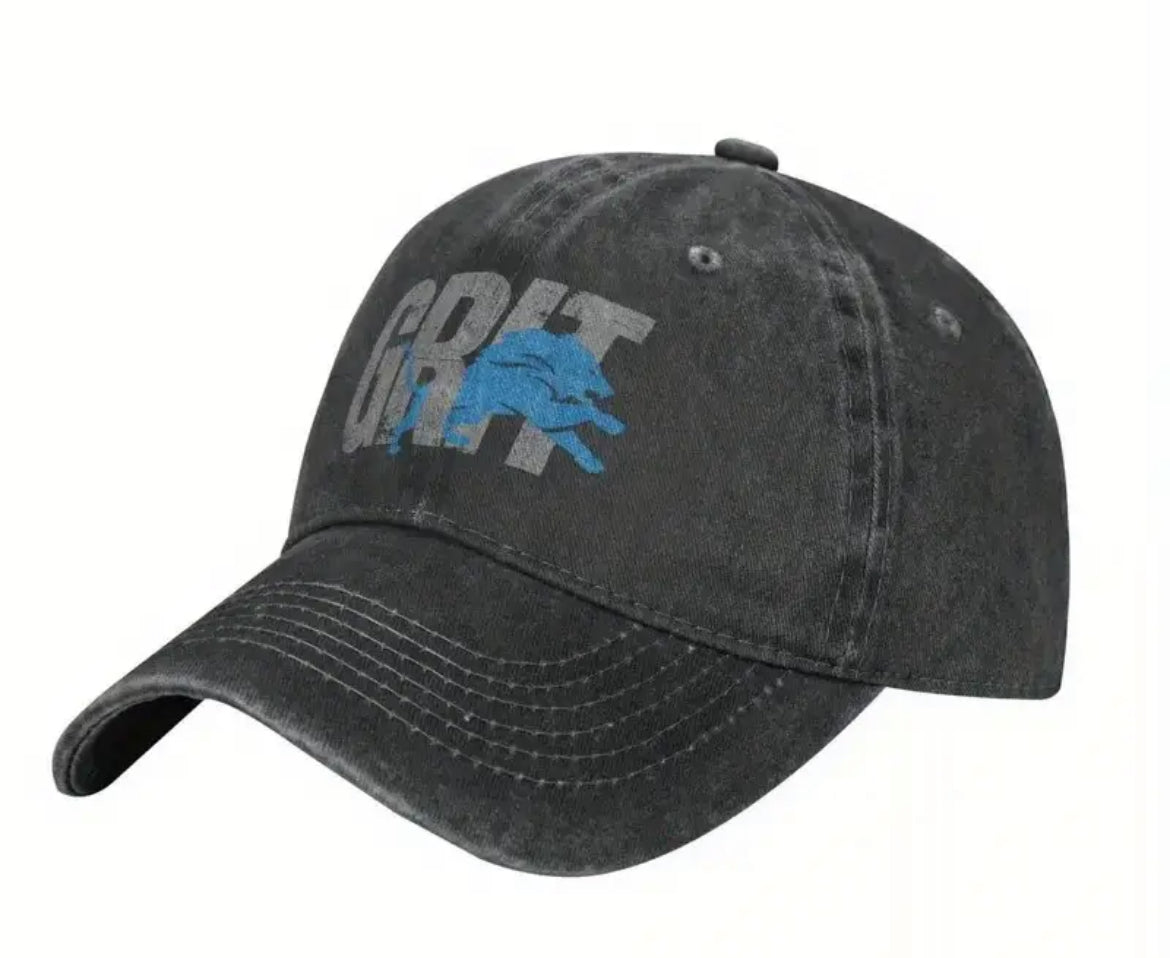 Detroit Lion's GRIT Washed Black Baseball Cap, hat, football