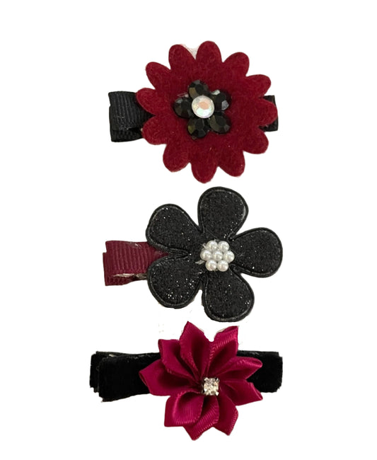 Black & Burgundy Flower Clip Set, girl, toddler, holiday, bow