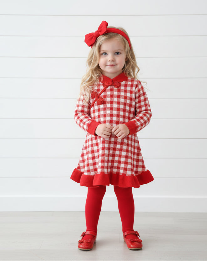 Red & White Ruffle Sweater Tunic, check, girl, Winter, holiday