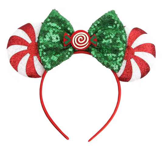 Holiday Sequin Mouse Ears Headband w/Green Bow, Vacation, kids, adult / DAY 12