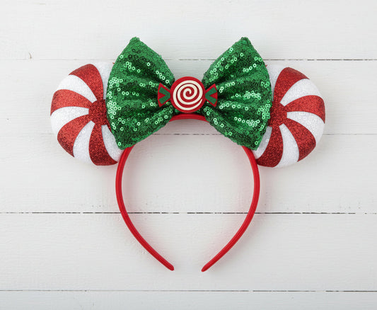 Holiday Sequin Mouse Ears Headband w/Green Bow, Vacation, kids, adult
