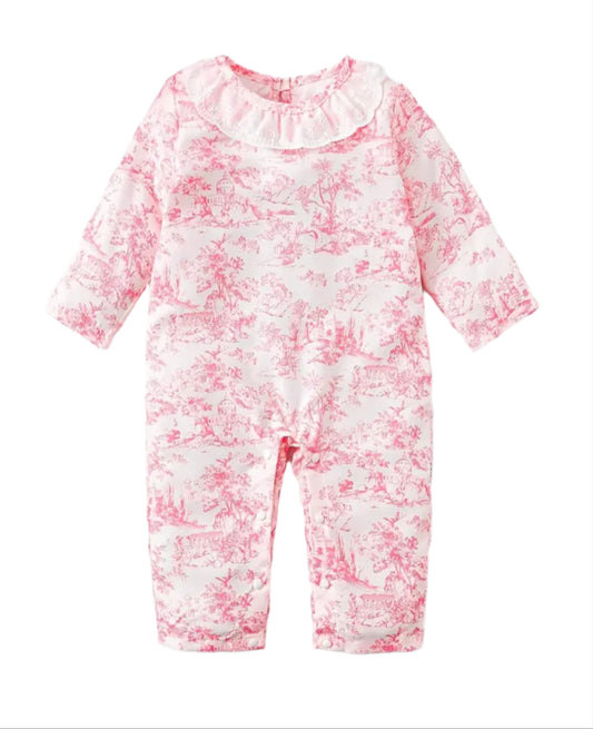 Pink & Cream Toile Ruffle Romper, Baby, Infant, gift, girl