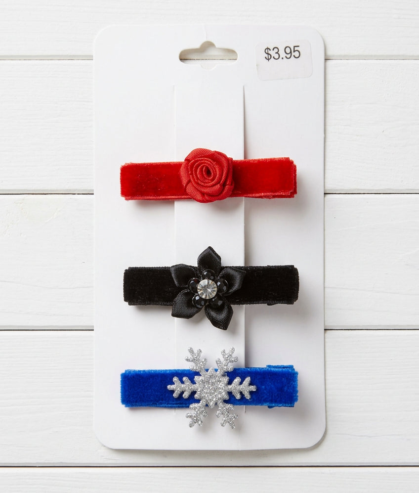 Velvet Clip Set, girl, toddler, holiday, rose, snowflake, Winter