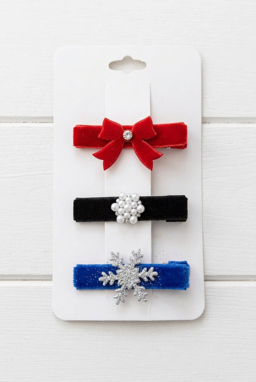 Velvet Clip Set, girl, toddler, holiday, bow, snowflake